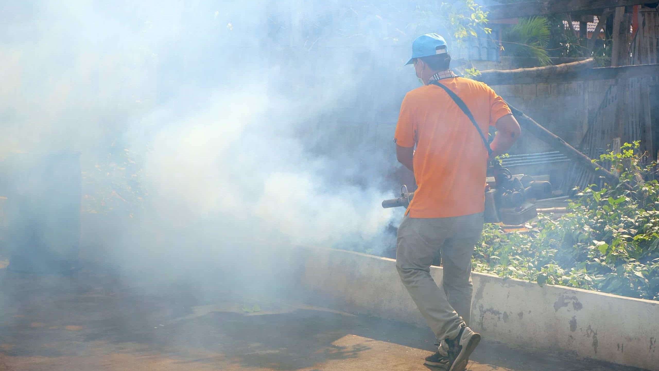 Softly focus of Asian healthcare worker using fogging machine spraying chemical to protect and removal of mosquitoes on the street in community