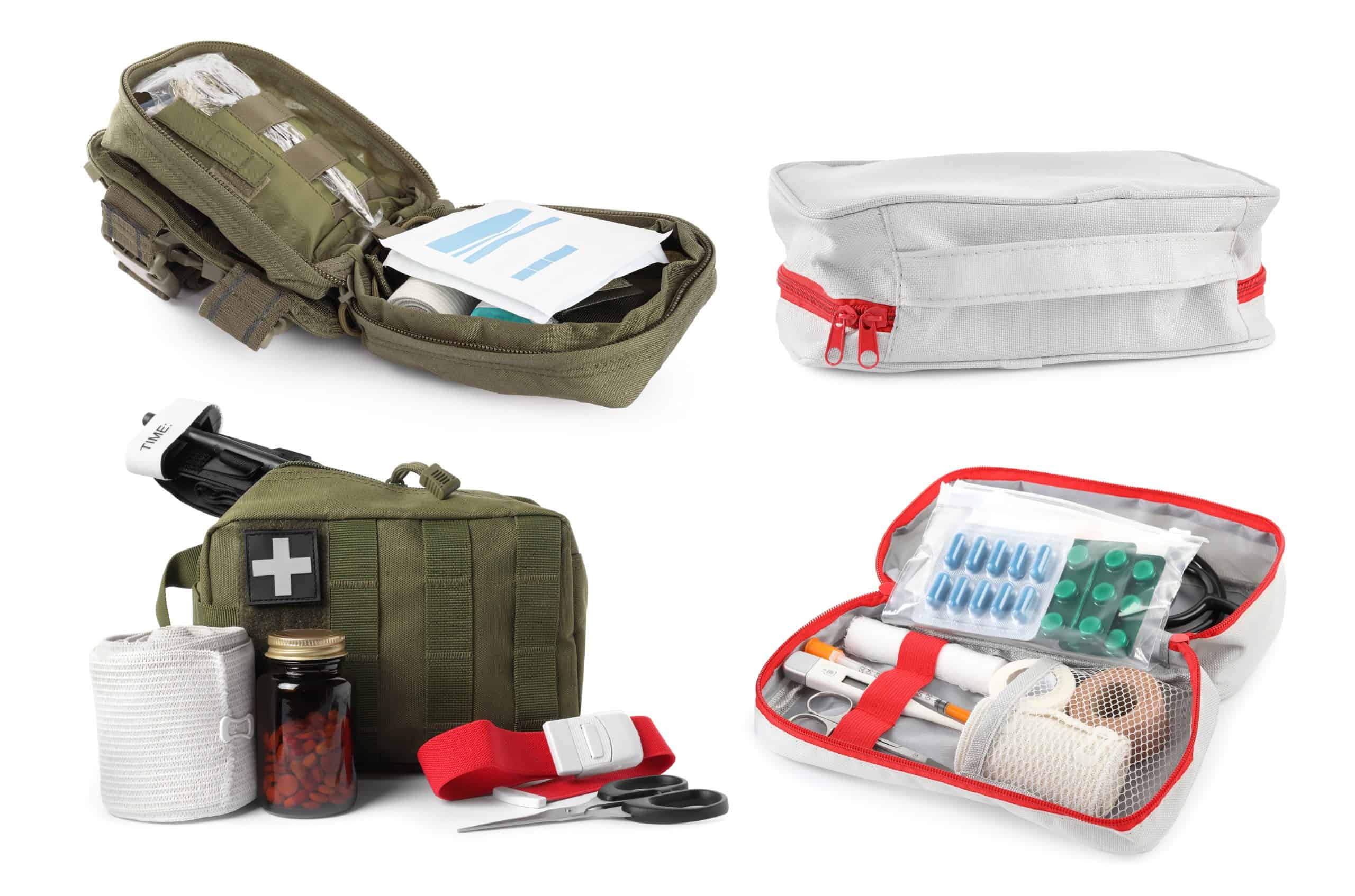 First aid kits with drugs and supplies isolated on white, set