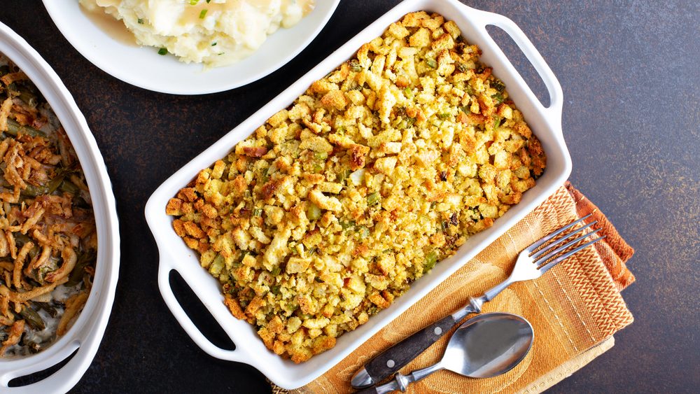 Traditional stuffing side dish for Thanksgiving in a baking pan