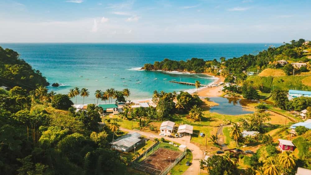Beautiful tropical Barbados island. View of the golden beach with palms and crystal clear water. Perfect holidays background.