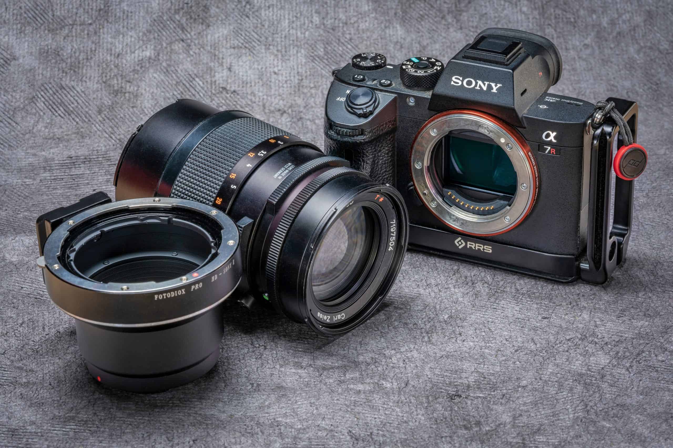 Fort Collins, CO, USA - September 29, 2020: Combining old and new photography technology - vintage Carl Zeiss Hasselblad lens, Fotodiox adapter and modern, digital, mirrorless Sony A7R3 camera.