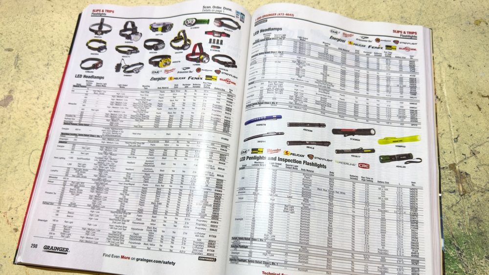 Open Grainger printed catalog on a work table with page selection of various flashlights.