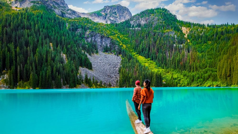 Joffre Lakes British Colombia Whistler Canada, Joffre Lakes National Park in Canada. A couple of women and men walking at Jofre Lake BC Canada an emerald green turqouse colored lake with mountains