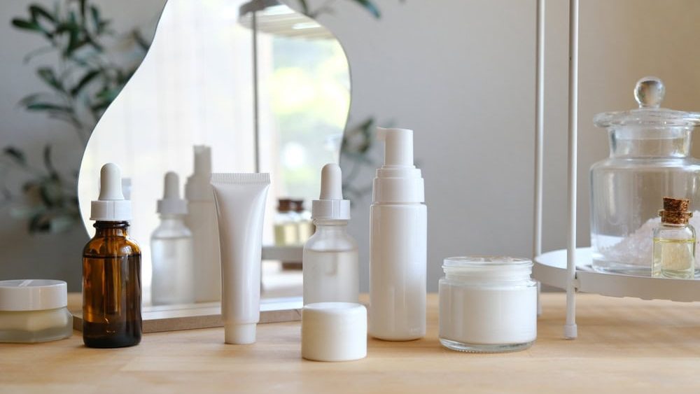 The set of skincare routine product on the. table top for health, wellness and spa concept.