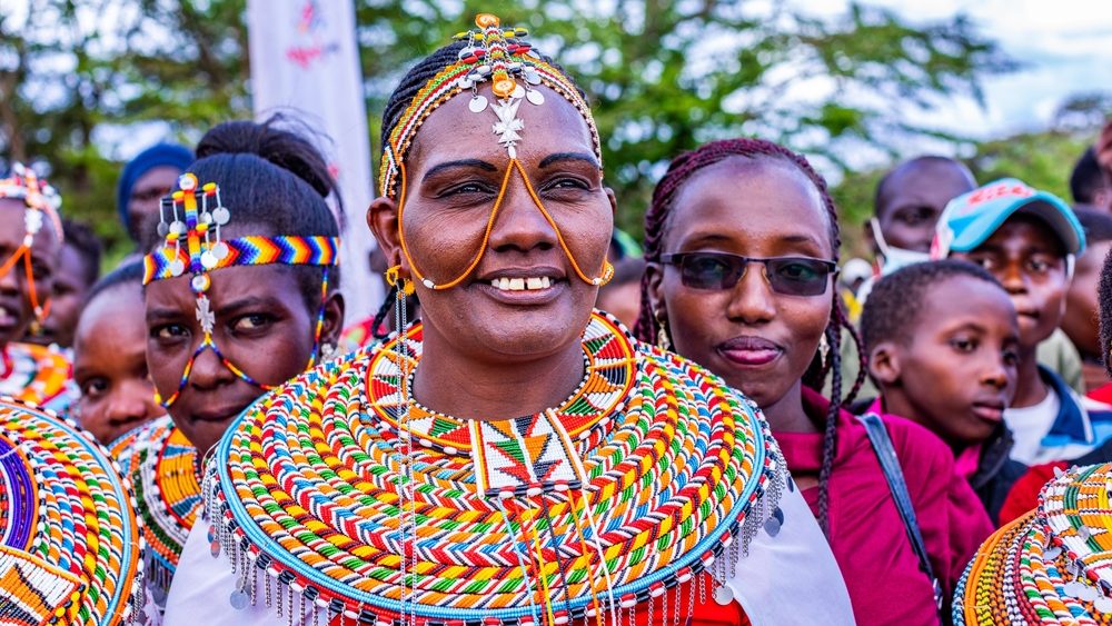 Samburu, Kenya - October 07 2023: Samburu Community traditional cultural festival heritage custom singing dancing celebrations Maralal International Camel Derby Yare attires ornaments Kenya East Afri