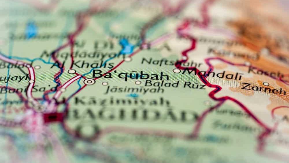 Baqubah, Iraq highlighted on a world map.
