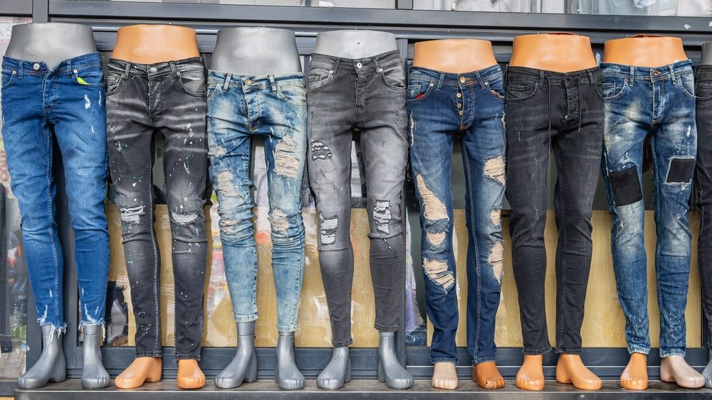 Sofia, Bulgaria. October 18, 2023. Distressed blue jeans for sale at the Women’s Market, Zhenski Pazar, in Sofia.