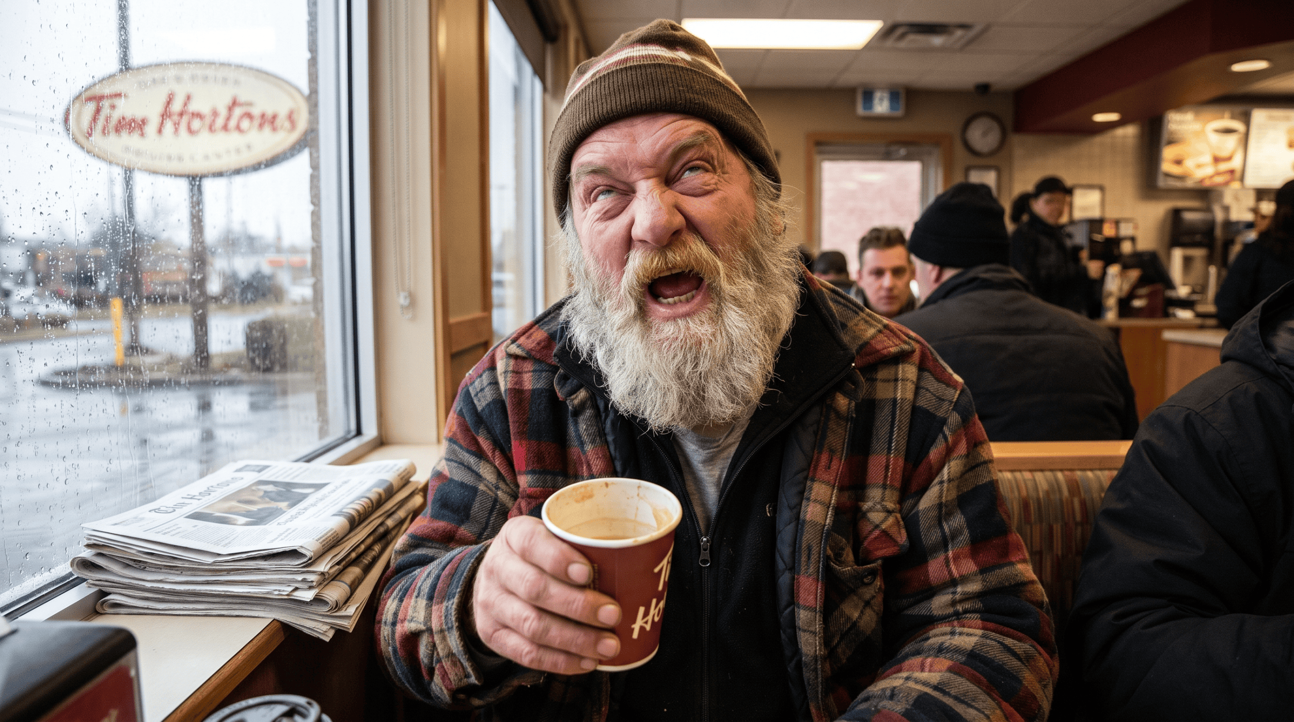 Annoyed canadian holding a coffee cup at Tim Hortons