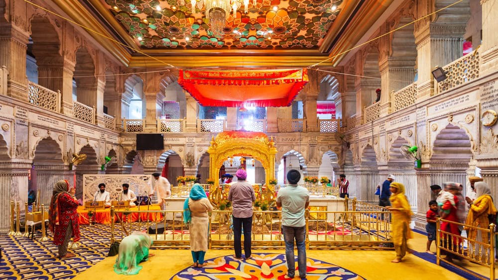NEW DELHI, INDIA - OCTOBER 06, 2019: Gurudwara Sis Ganj Sahib interior, one of the nine historical Gurdwaras in New Delhi in India