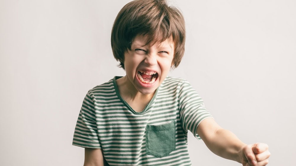 Angry kid shouting and rising his fist. Aggressive little boy with mouth wide open looking to the camera. ADHD syndrome