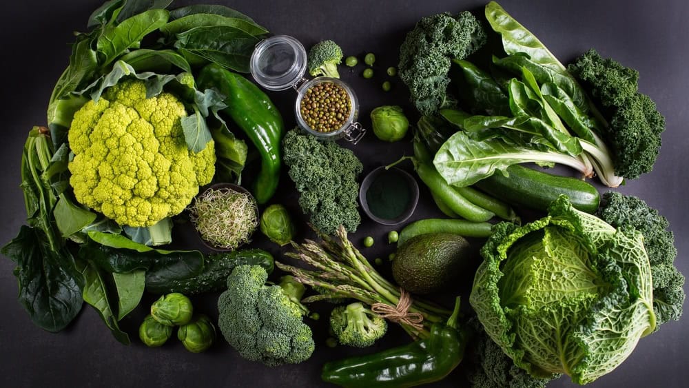 Variety of green vegetables, local food, seasonal produce