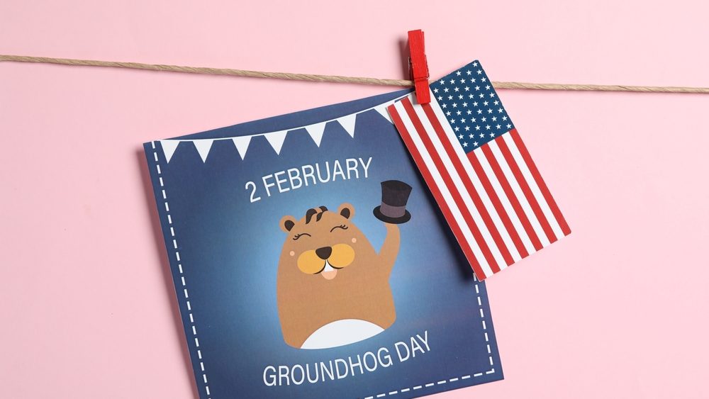 Happy Groundhog Day greeting card and American flag hanging on pink background