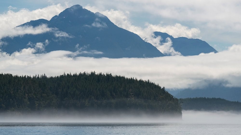 Broughton Archipelago and Great Bear Rainforest landscape on whale watching expedition, Telegraph Cove, Vancouver Island, Canada.