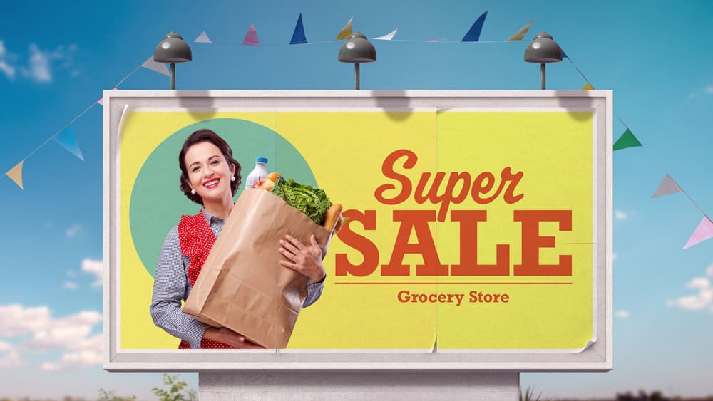 Vintage style grocery shopping advertisement on billboard with happy housewife holding a bag full of groceries