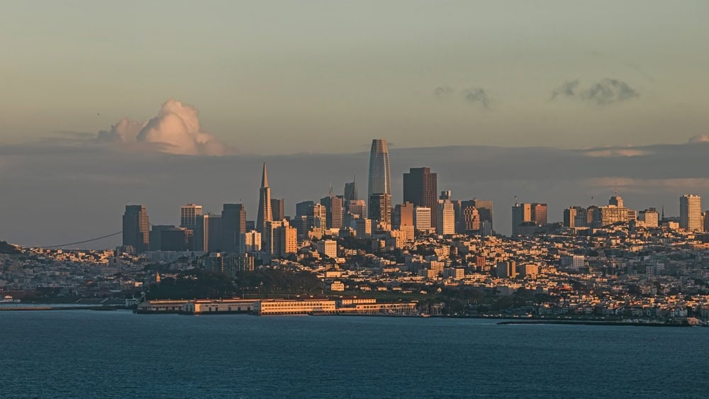 San Francisco, California, USA - January 3, 2024: City skyline at sunset light, view from the Golden Gate observation deck 