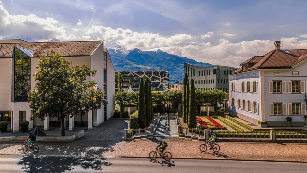 Vaduz,Liechtenstein,25 May, 2017 . Sunny day in beautiful city among Alps. Vaduz capital of Principality of Liechtenstein. central square of the city