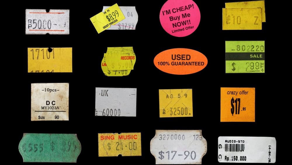 assorted old price sticker and labels. vintage price label collection