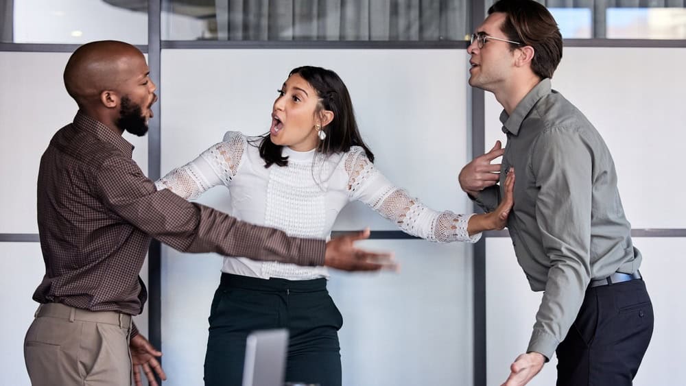 Business people, meeting and shout with stress, argument and negative feedback with mistake and problem with report. Group, frustrated and staff with review and crisis with anxiety, anger and burnout