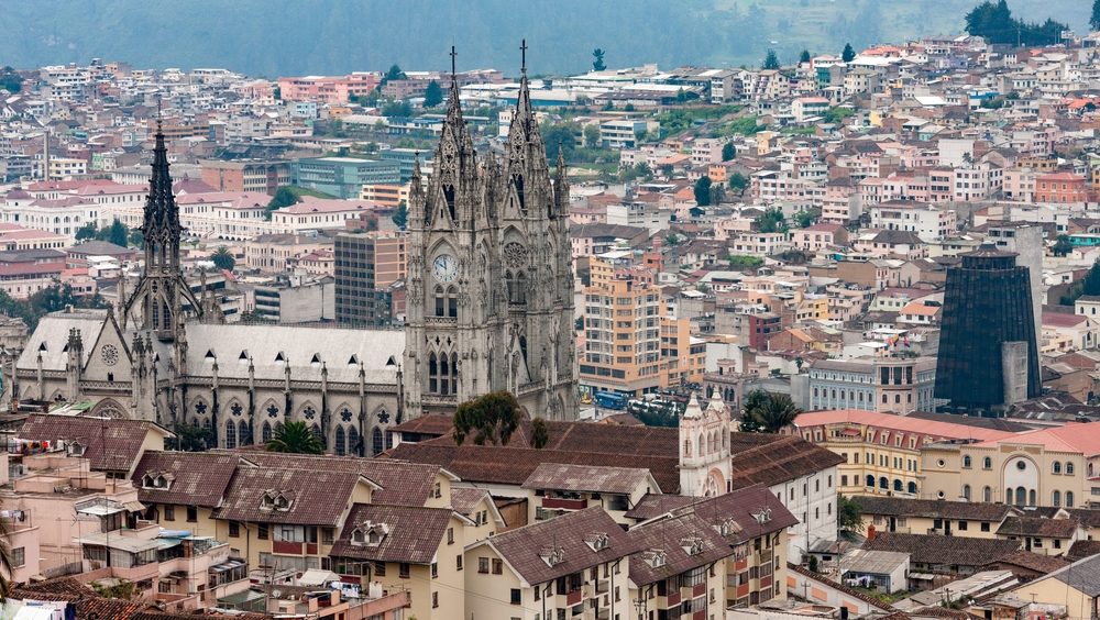 Quito. Ecuador. 04.01.08. The Basilica of the National Vow (Basilica del Voto Nacional) and the city of Quito in Ecuador.