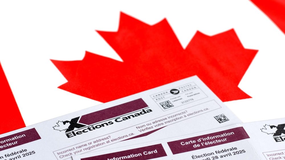East Gwillimbury, Ontario, Canada - April 10, 2025: Elections Canada voter information card with Canadian flag background