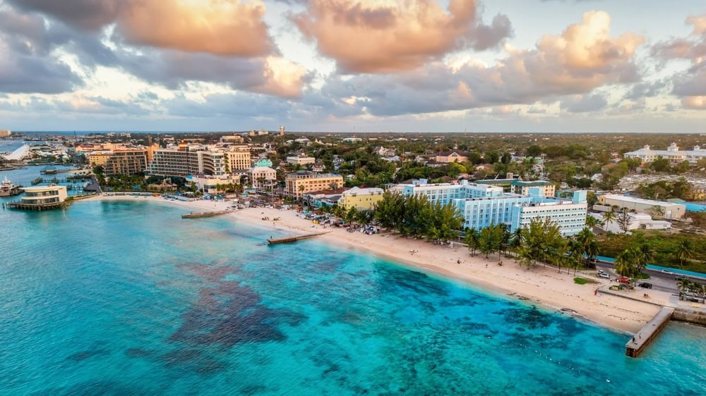 Aerial sunset view of Junkanoo beach at the Western Esplanade next to Nassau town, The Bahamas