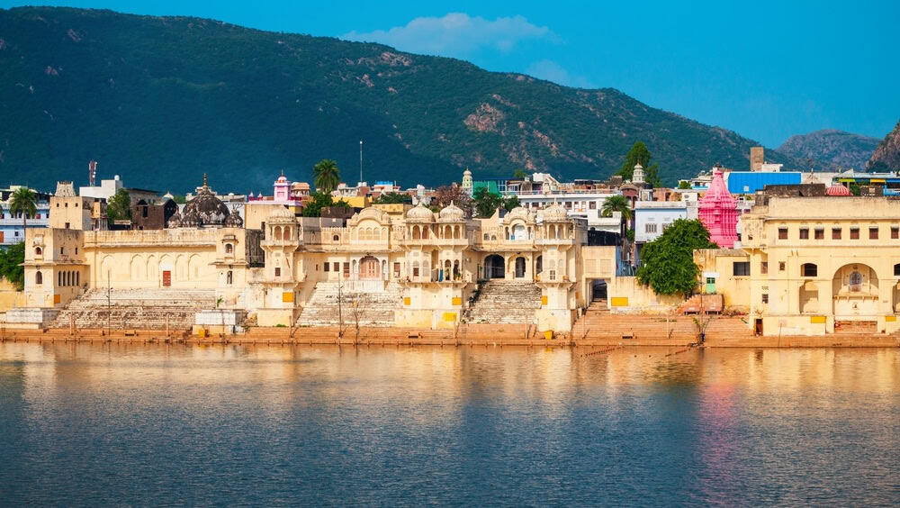 Ghats at Pushkar lake in Pushkar town in Rajasthan state of India
