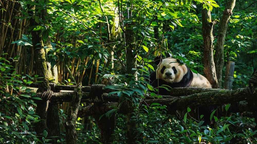 One giant panda sleeping in the forest