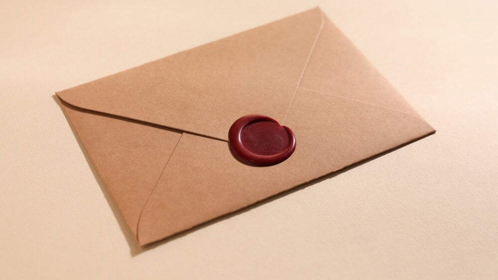 Beautiful envelope with red wax seal on beige background, closeup