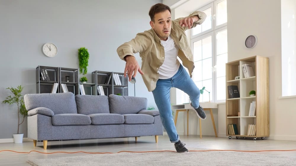 Clumsy man tripping over cord at home, unsafe falling as domestic hazard in living room. Young adult losing balance after walking on wire on floor to trip and fall, warning of accident and injury risk