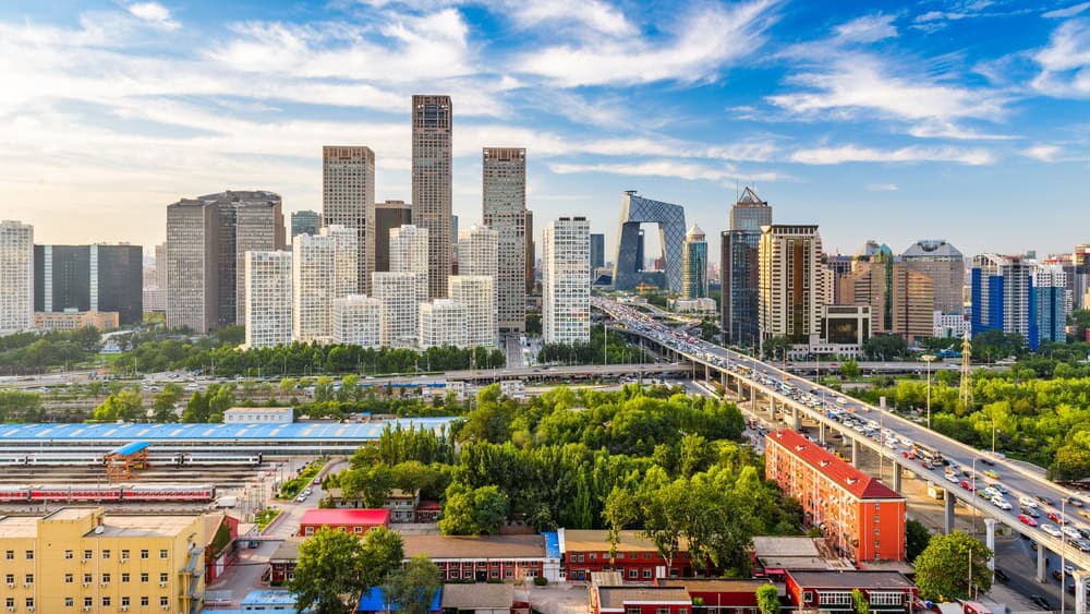 Beijing, China modern financial district skyline on a nice day with blue sky.