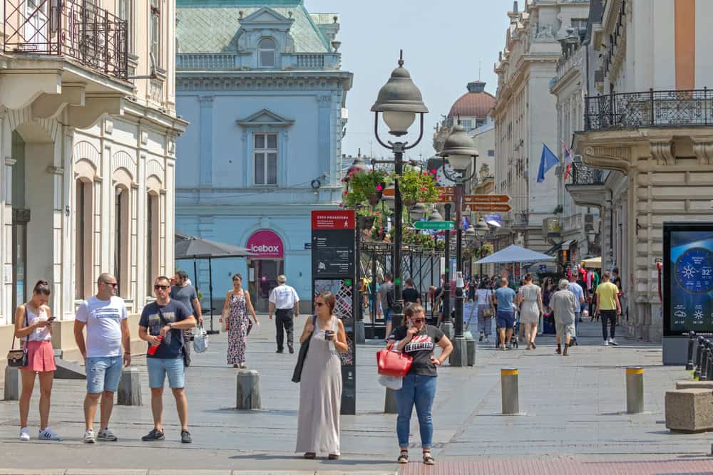 Belgrade, Serbia - July 25, 2021: People Walking at Knez Mihailova Street Pedestrian Zone at Hot Summer Day.