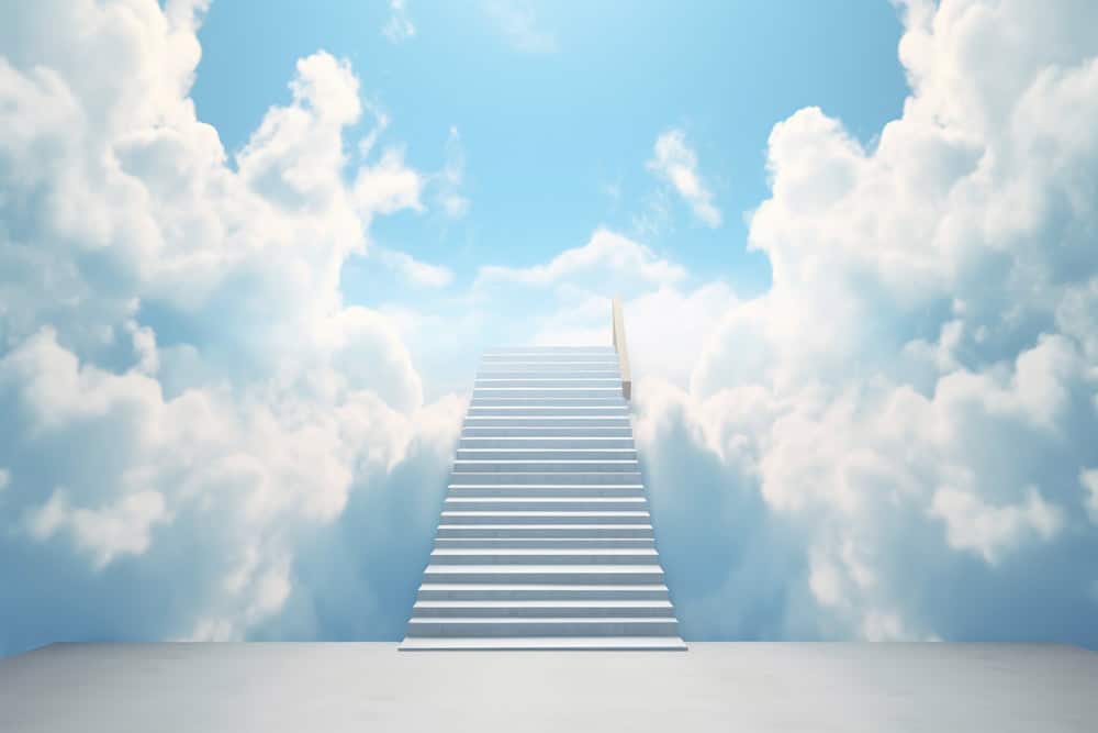 A staircase extending into the sky with clouds above and a bright light against a white background