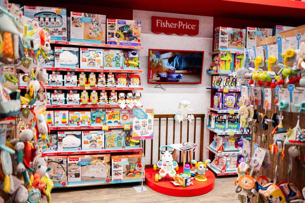 Lviv, Ukraine - March 19, 2025: Toy Fisher Price store aisle featuring a variety of colorful educational and playful items