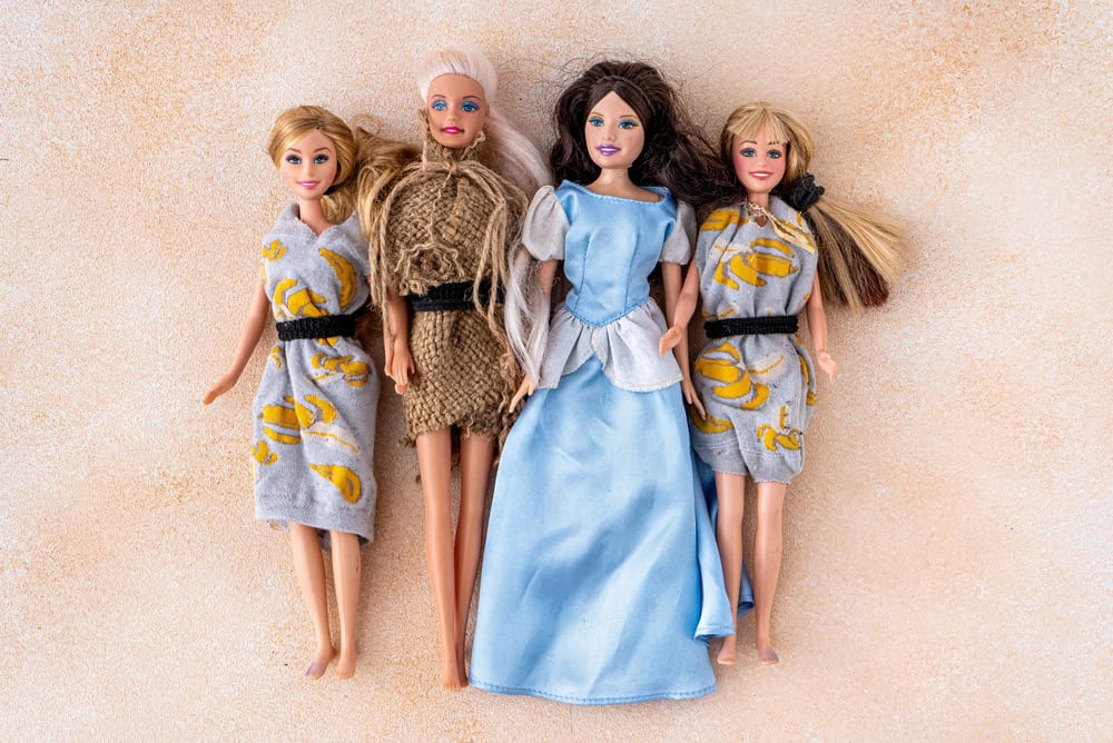 Group of Vintage Barbie Dolls. Play girl friends. Old doll. Homemade dress. Toys Doll different set. Kyiv, Ukraine - June 10, 2025